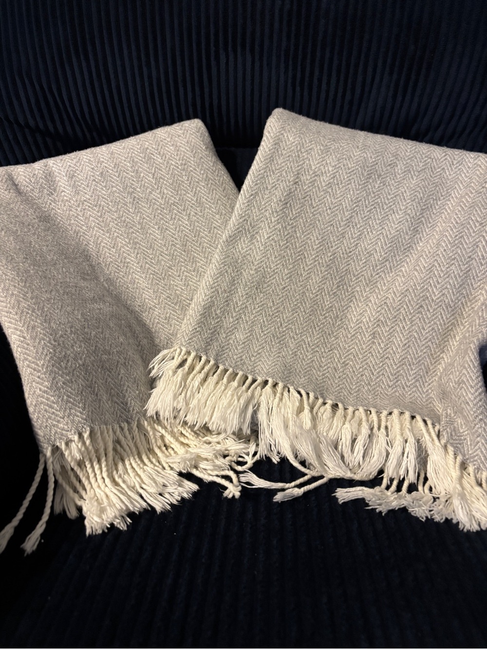 Set of 2 Nido Notte Italy Herringbone Fringe Throw Blankets Gray Cream